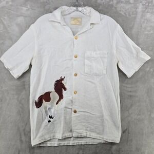 Portuguese Flannel Shirt Mens Small White Horse Embroidered Short Sleeve Button
